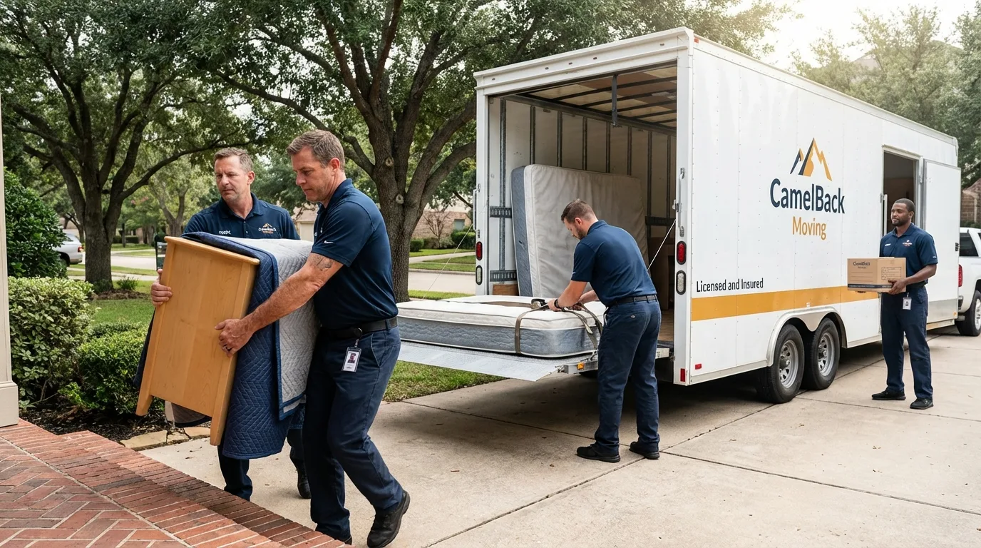 Crew loading residential truck for cross-state move from University Place, WA