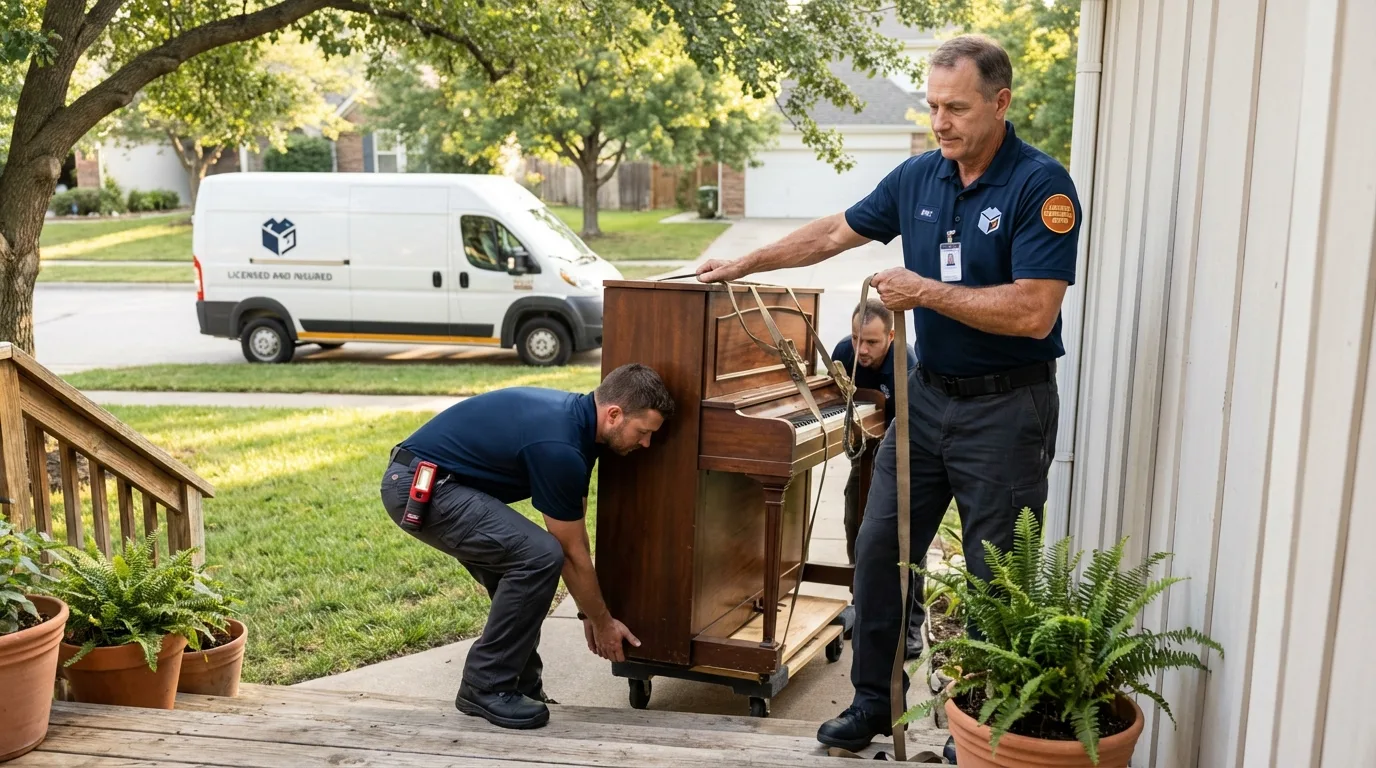 Licensed piano movers securing grand piano in University Place, WA