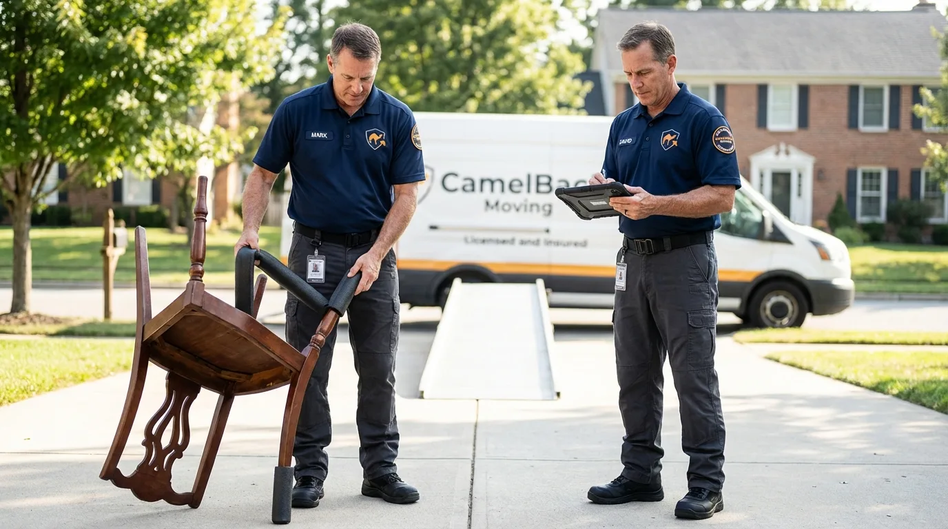 Movers inspecting furniture for damage prevention before loading in University Place, WA