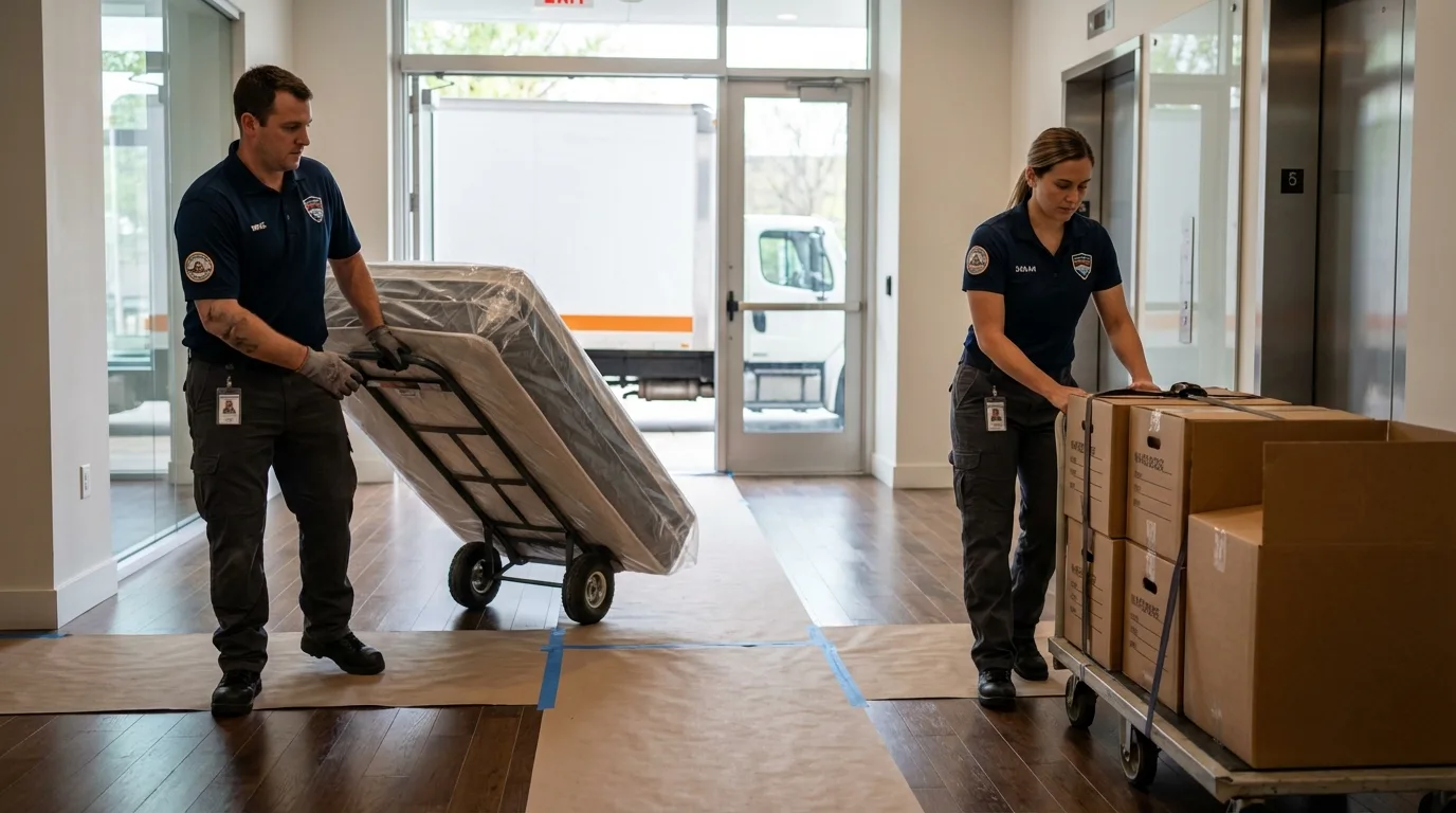 Professional apartment movers loading elevator in University Place, WA