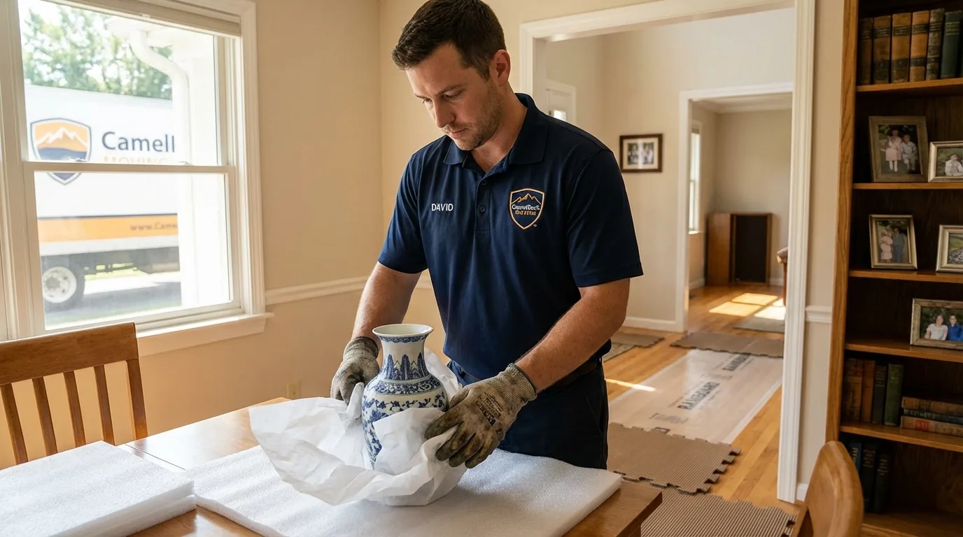 Professional crew carefully wrapping antique vase for senior downsizing move in University Place, WA